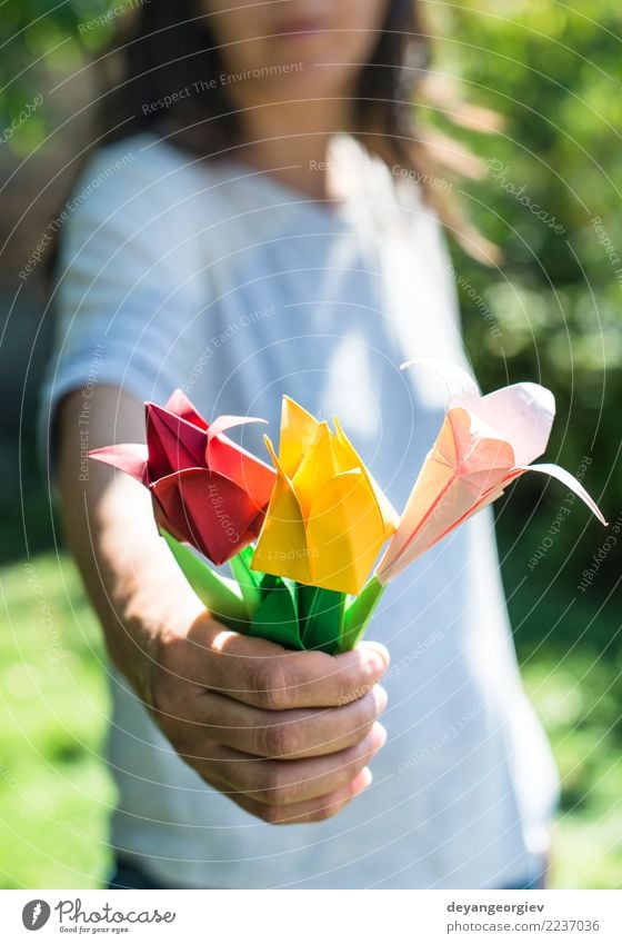 Woman hold bouquet Design Decoration Craft (trade) Hand Art Nature Flower Tulip Paper Bouquet Yellow Pink Red White Colour Origami Beauty Photography background