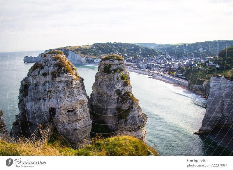 etretat Nature Landscape Water Sky Cloudless sky Summer Beautiful weather Waves Coast Bay North Sea Étretat France Europe Small Town Vacation & Travel