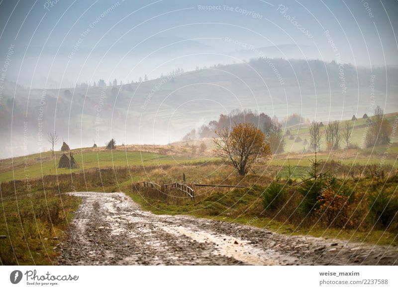 Muddy ground. Country road after rain in mountains. Extreme path Vacation & Travel Mountain Nature Landscape Earth Sky Clouds Autumn Weather Storm Fog Rain Hill