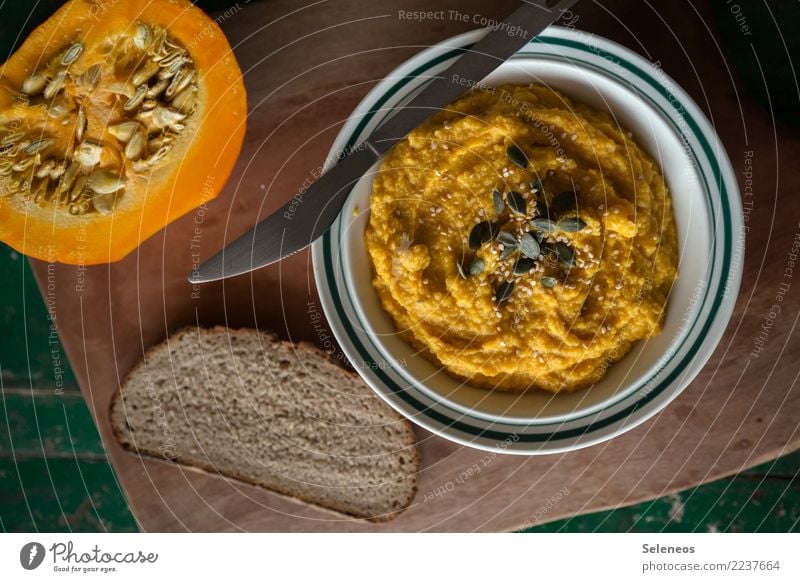 Pumpkin cream Bread spread Knives Pumpkin seed Nutrition Food Delicious Colour photo Breakfast Sandwich Interior shot Appetite Vegetarian diet Food photograph