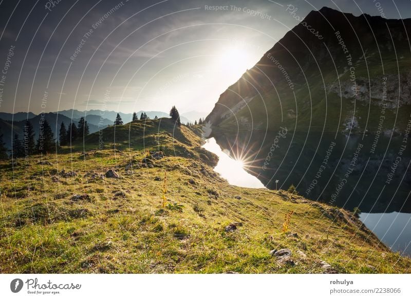 sunset over alpine lake and mountain peaks, Germany Sun Mountain Nature Landscape Sky Sunrise Sunset Summer Beautiful weather Tree Meadow Hill Rock Alps Lake