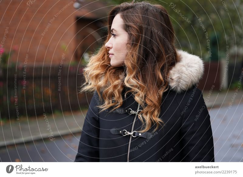 thoughtful young woman on the street Lifestyle Winter Human being Feminine Young woman Youth (Young adults) Woman Adults 1 18 - 30 years Town Outskirts Street