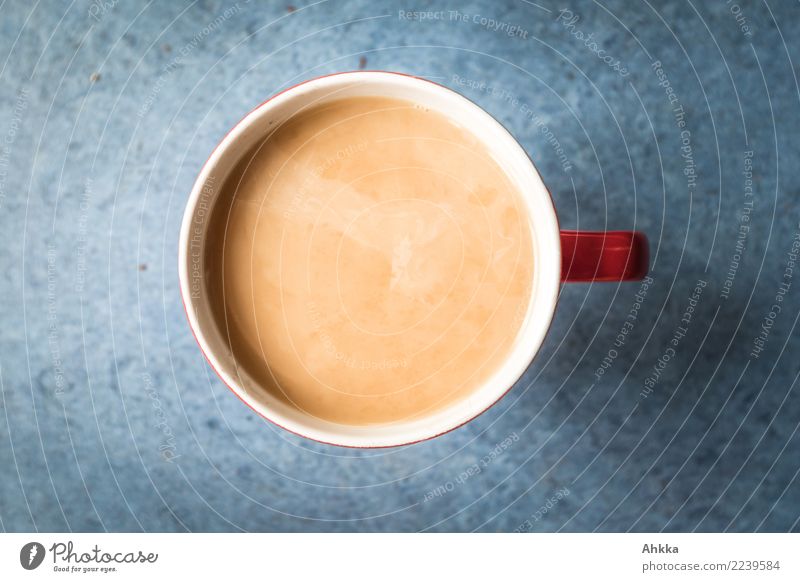 View into a teacup with contents against a blue background Beverage Hot drink Coffee Tea Cup Winter Drinking Modest Break Perspective Calm Contentment