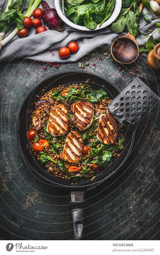 Lentils with spinach and fried cheese Food Cheese Vegetable Herbs and spices Nutrition Lunch Dinner Organic produce Vegetarian diet Diet Slow food Crockery Pot