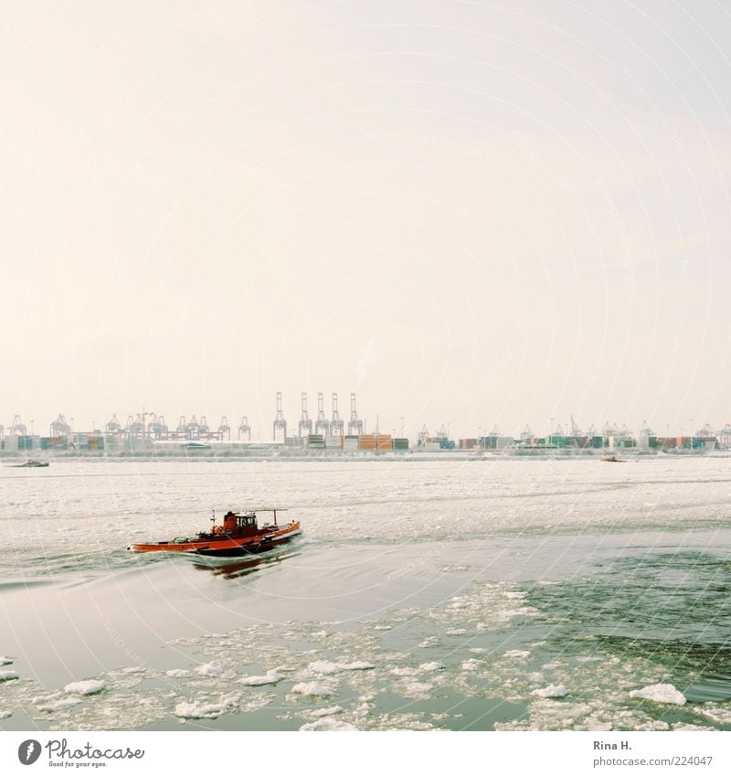 Ice floes on the river Elbe Winter Hamburg Means of transport Inland navigation Boating trip Motorboat Harbour Cold River Deserted Copy Space left