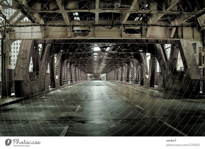 aisle Street Tunnel Bridge Gray Green Mobility Modern Town Chicago Steel carrier Steel bridge Wet Shabby Subdued colour Exterior shot Deserted Copy Space bottom