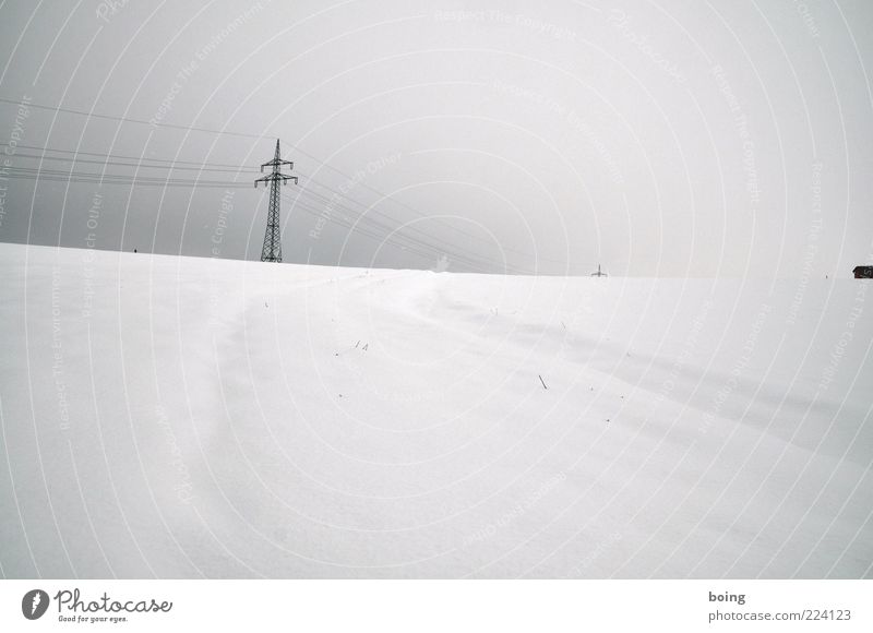 no sleep till Winter Snow Electricity pylon Black & white photo Exterior shot Deserted Overhead line High voltage power line Far-off places White