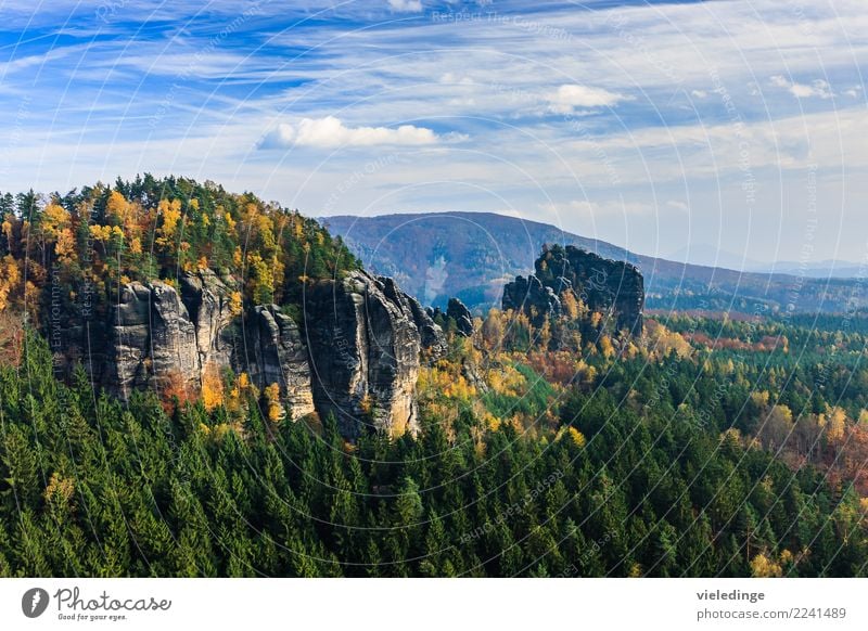 View at the Breite Kluft mountain Blue Wide gap German out Elbsandstein region Elbsandstone mountains Elbe valley Rock Green Noise peak Rauschenstein