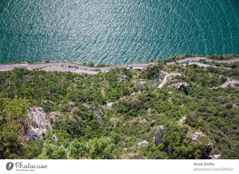 serpentines Landscape Beautiful weather Bushes Rock Mountain Waves Coast Lakeside Street Garda Lake Garda Curve Winding road Height Colour photo Exterior shot