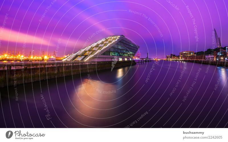 Dockland Hamburg Office Water River Town Harbour Building Architecture Blue Violet Pink Office building dockland Elbe Europe light stars Navigation Germany Sky