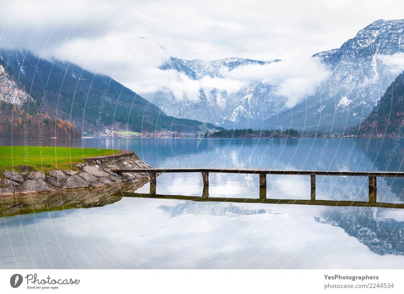 Wooden deck over mountain lake Calm Vacation & Travel Tourism Mountain Nature Beautiful weather Alps Lakeside Bridge Optimism Peaceful Serene Freedom