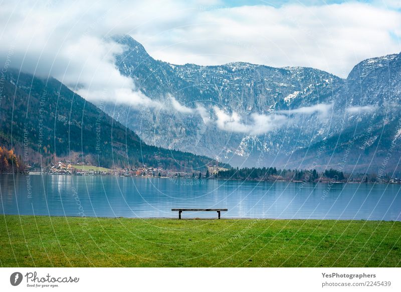 Austrian Alps and a bench on lakeside Calm Vacation & Travel Mountain Nature Beautiful weather Peak Lakeside Euphoria Willpower Peaceful Loneliness Freedom