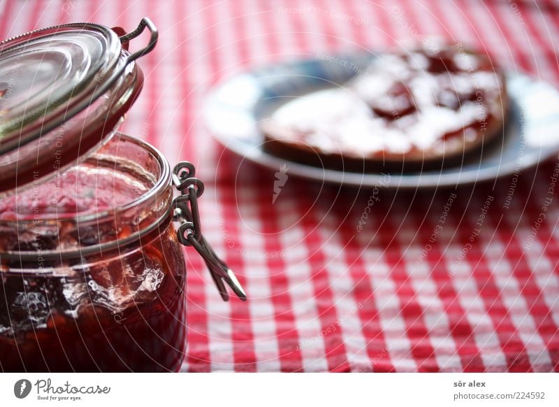 strawberry jam bread Food Bread Jam Strawberry jam Nutrition Breakfast Brunch Plate Preserving jar Jam jar Fresh Delicious Sweet Red White Appetite