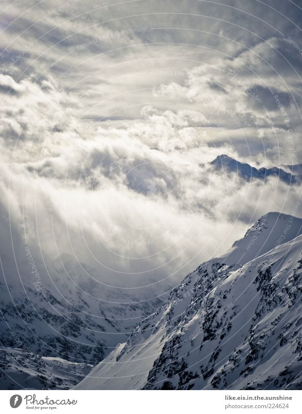 Winter wonderland Calm Far-off places Freedom Snow Winter vacation Mountain Nature Landscape Clouds Beautiful weather Fog Ice Frost Rock Alps stubai glacier