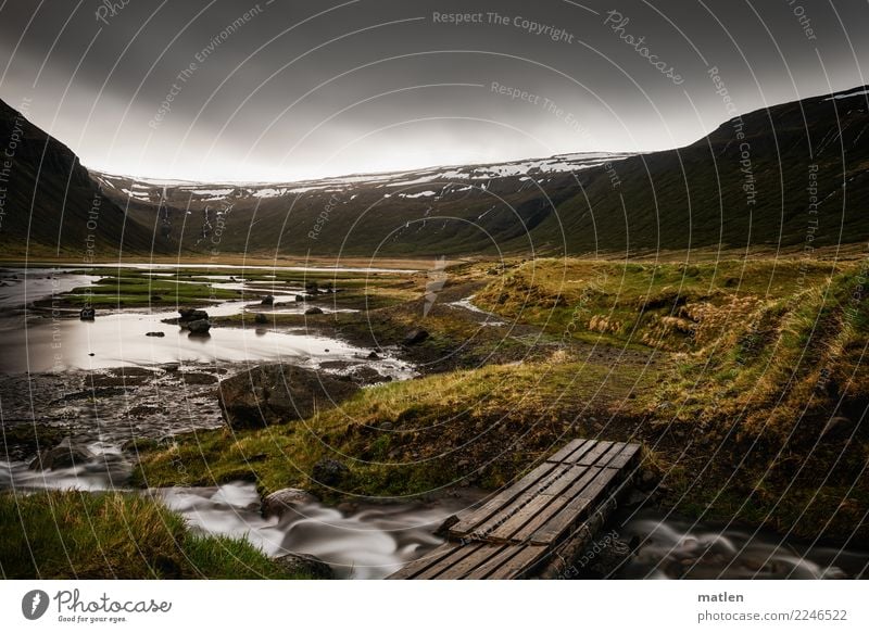 Valley of waterfalls Nature Landscape Plant Water Sky Clouds Storm clouds Horizon Spring Weather Rain Grass Meadow Mountain Snowcapped peak Coast River bank Bog