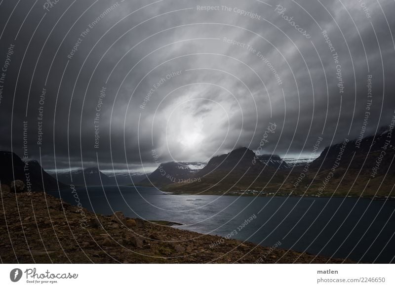 Life by the fjord Nature Landscape Sky Clouds Horizon Spring Weather Wind Rock Mountain Snowcapped peak Coast Fjord Village House (Residential Structure) Threat