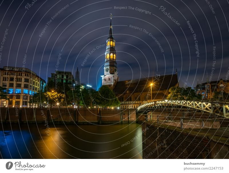 Main church St. Katharinen Water Town Blue Yellow Black Europe Hamburg Hanseatic City main church viaduct Channel Can Caster Bridge Church Night shot