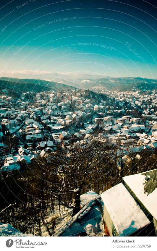 Wernigeroder Panorama Harz Village Small Town Skyline Building Blue Bird's-eye view Vantage point Winter Snow Colour photo Exterior shot Deserted Day