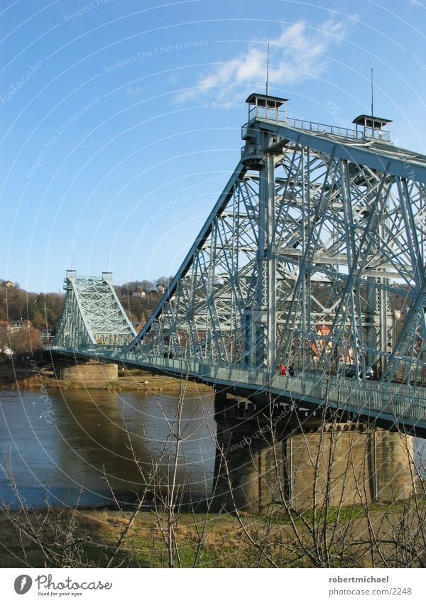 Blue miracle Dresden Saxony Wonder Steel Iron Watercraft Villa Meadow Column Driving Bridge Elbe River Sky Mary Grassland on the Elbe River Human being Walking