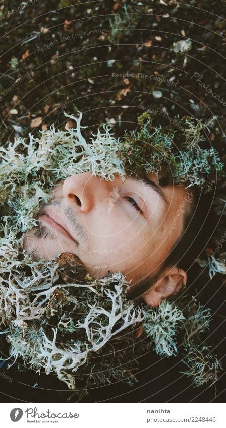 Young man covering by moss Exotic Face Healthy Alternative medicine Human being Masculine Man Adults 1 18 - 30 years Youth (Young adults) Environment Nature