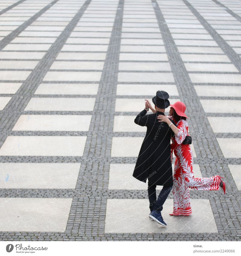 Leisure fun on the Chemnitzer Theaterplatz Masculine Feminine Woman Adults Man 2 Human being Places Suit Tails Hat Top hat Stone Movement Rotate To hold on