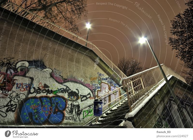 steep stairs Snow Frankfurt Bridge Wall (barrier) Wall (building) Cold Town Blue Yellow Movement Graffiti Handrail Stairs Daub Winter Robbery Fear Line Lantern