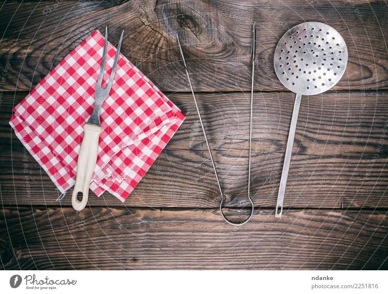 wooden background with vintage kitchen utensils Cutlery Fork Table Kitchen Restaurant Cloth Wood Old Retro Brown Red cooking Top Tablecloth Rustic board food