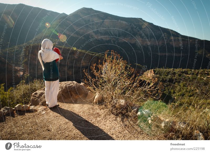 paradise valley Human being Baby Woman Adults Landscape Sunlight Summer Beautiful weather Bushes Mountain To enjoy Looking Calm Loneliness Idyll Nature