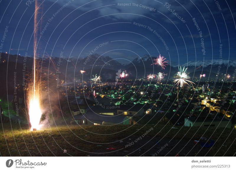 Alpine missiles II Landscape Fire Air Sky Cloudless sky Hill Alps Mountain Hope Colour photo Exterior shot Deserted Night Panorama (View) Firecracker Dark