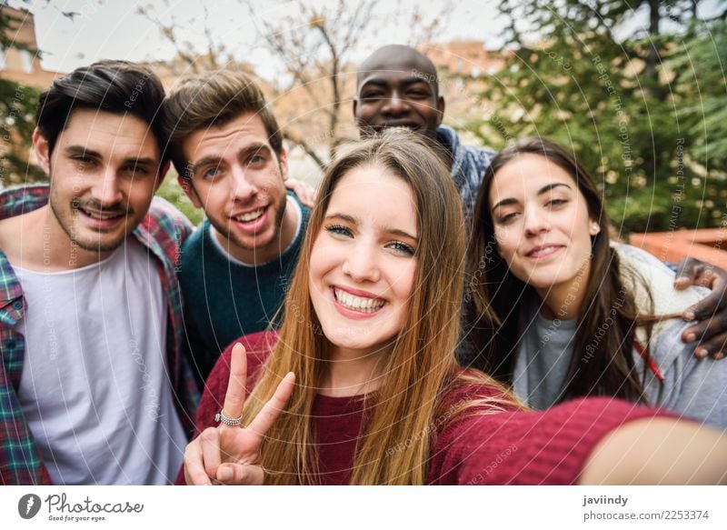 Multiracial group of friends taking selfie Lifestyle Joy Happy Beautiful Leisure and hobbies Vacation & Travel Telephone PDA Camera Technology Human being