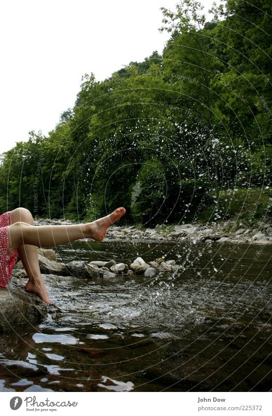 fluffy and sparkling Trip Young woman Youth (Young adults) Legs Feet 1 Human being Spring Summer Tree Bushes Rock River bank Skirt Movement Brash Happiness