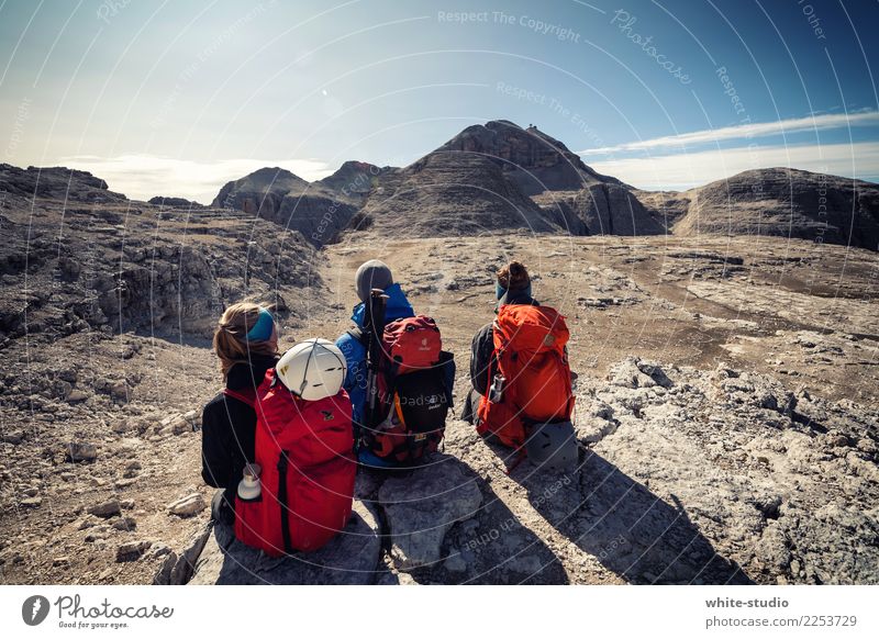 The three from the gas station Friendship Hiking Mountaineer Mountaineering Climbing via ferrata Dolomites Backpack Piz boe Sella Ledge Wall of rock Stone