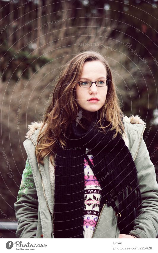 far away Human being Feminine Young woman Youth (Young adults) 1 Coat Eyeglasses Scarf Brunette Think Free Brown Green Colour photo Exterior shot Day