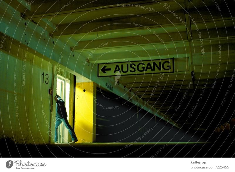 final exit Human being Man Adults 1 Parking garage Sign Characters Signs and labeling Arrow Going Way out 13 Story Search Future Beam of light Flare