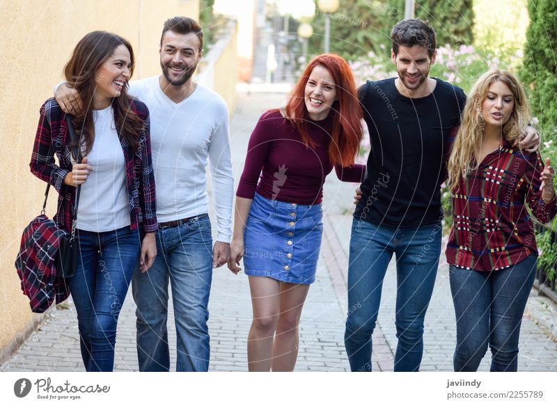 Five young people together outdoors in urban background Lifestyle Joy Human being Masculine Feminine Young woman Youth (Young adults) Young man Woman Adults Man