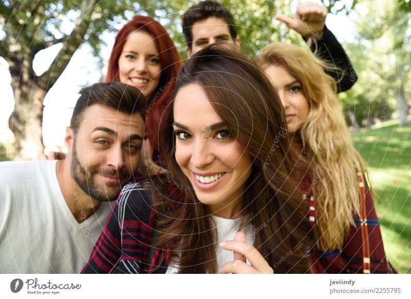 Group of friends taking selfie in urban background. Lifestyle Joy Happy Beautiful Leisure and hobbies Telephone PDA Camera Human being Masculine Feminine