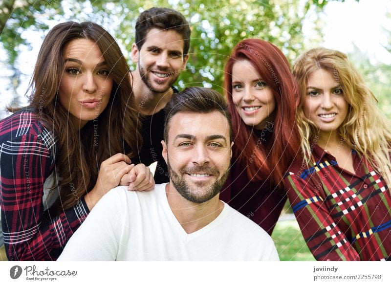 Group of friends taking selfie in urban background. Lifestyle Joy Happy Beautiful Leisure and hobbies Telephone PDA Camera Human being Masculine Feminine