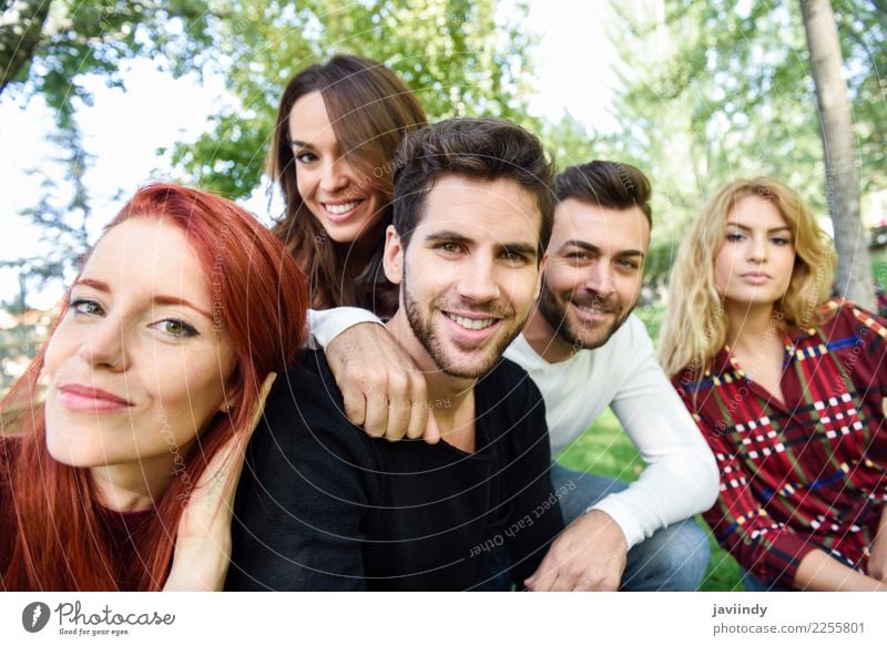 Group of friends taking selfie in urban background. Lifestyle Joy Happy Beautiful Leisure and hobbies Telephone PDA Camera Human being Masculine Feminine