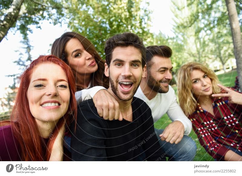 Group of friends taking selfie in urban background. Lifestyle Joy Happy Beautiful Leisure and hobbies Telephone PDA Camera Human being Masculine Feminine