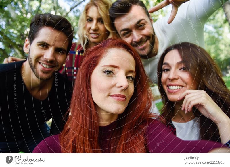 Group of friends taking selfie in urban background. Lifestyle Joy Happy Beautiful Leisure and hobbies Telephone PDA Camera Human being Masculine Feminine