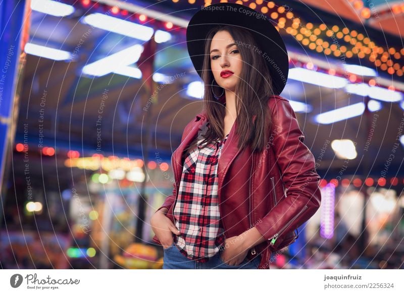 beauty girl with a cotton candy in a fair Lifestyle Joy Happy Beautiful Entertainment Woman Adults Park Hat Happiness White Carousel Amusement Park carnival