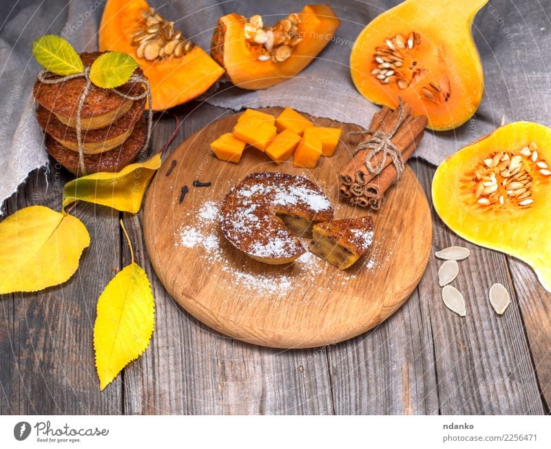 pumpkin muffins and fresh pumpkin slices Vegetable Bread Dessert Breakfast Table Kitchen Autumn Leaf Wood Fresh Tradition Cupcake Meal Slice sweet Snack orange