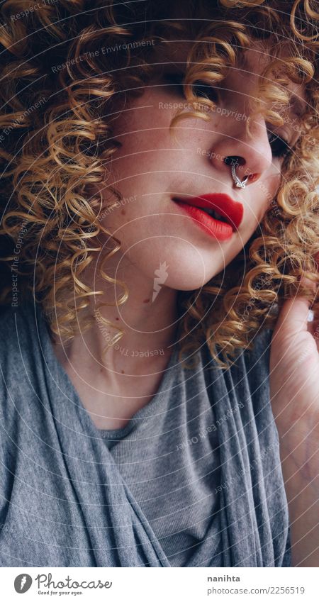 Beautiful young woman with blonde curly hair Lifestyle Style Hair and hairstyles Skin Face Lipstick Human being Feminine Young woman Youth (Young adults) 1