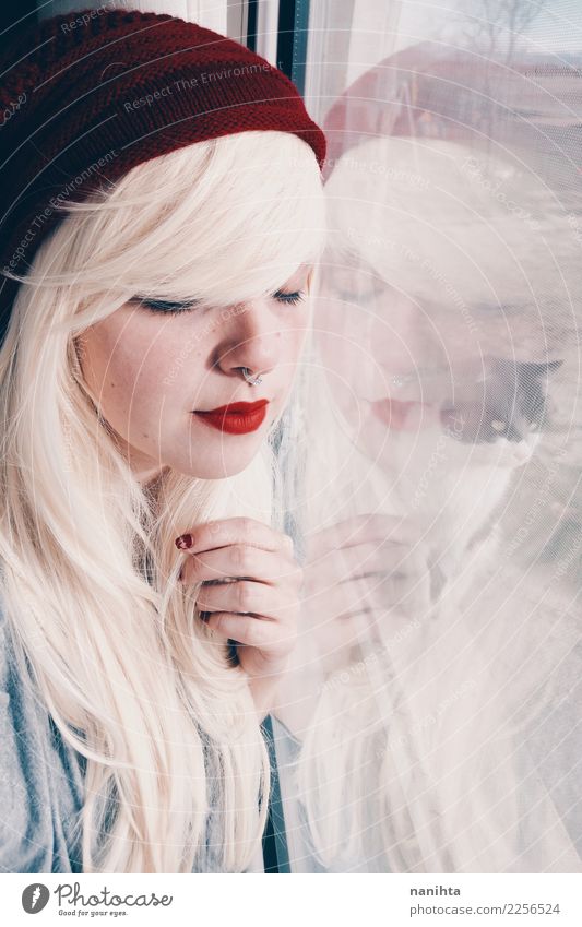 Young blonde woman reflected in a window and a cat Style Beautiful Hair and hairstyles Skin Face Living or residing Human being Feminine Young woman