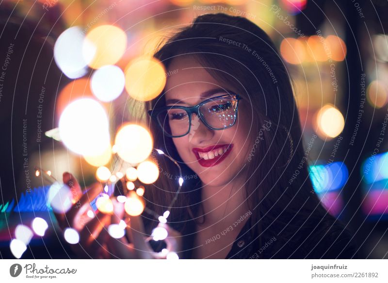 Beauty girl with glasses with little lights in her hands Style Beautiful Face Make-up Woman Adults Hand Fashion Accessory Happiness Modern Magic Lady