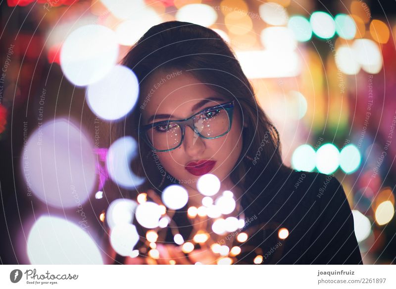 Beauty girl with glasses with little lights in her hands Style Beautiful Face Make-up Woman Adults Hand Fashion Accessory Happiness Modern Magic Lady