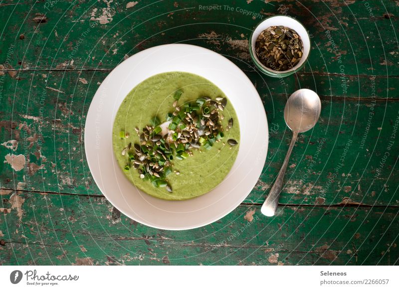 Broccoli soup Soup Kernels & Pits & Stones Shallot Spoon Rustic Food Vegetable Nutrition Lunch Diet Vegetarian diet Colour photo Healthy Eating Organic produce