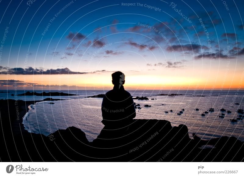 son's evening Boy (child) Head Back Nature Water Sky Clouds Horizon Summer Beautiful weather Rock Coast Beach Bay Ocean Vacation & Travel Far-off places