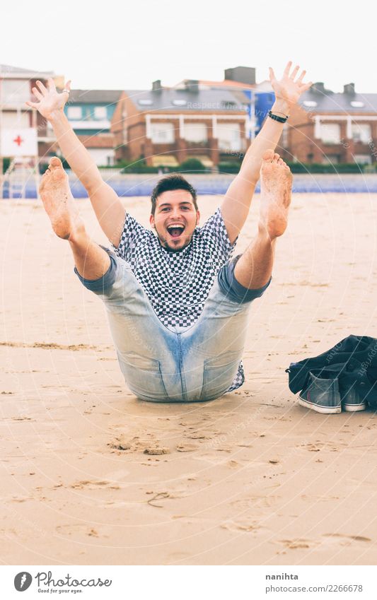 Young man having fun at the beach Lifestyle Joy Wellness Well-being Vacation & Travel Tourism Trip Freedom Summer Summer vacation Beach Human being Masculine