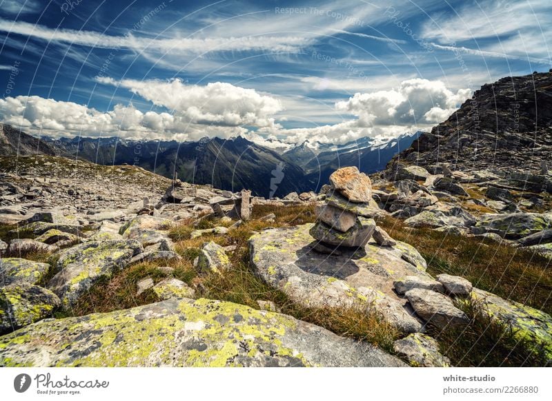 rock mussel Hill Rock Alps Mountain Hiking Landscape Panorama (View) Panorama (Format) Cairn Mountain range Colour photo